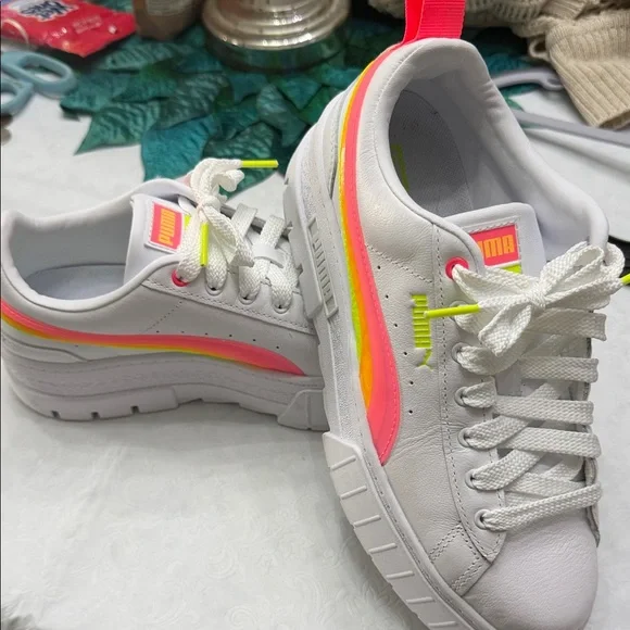 Puma Women's White and Neon platform Sneakers - Picture 2 of 5